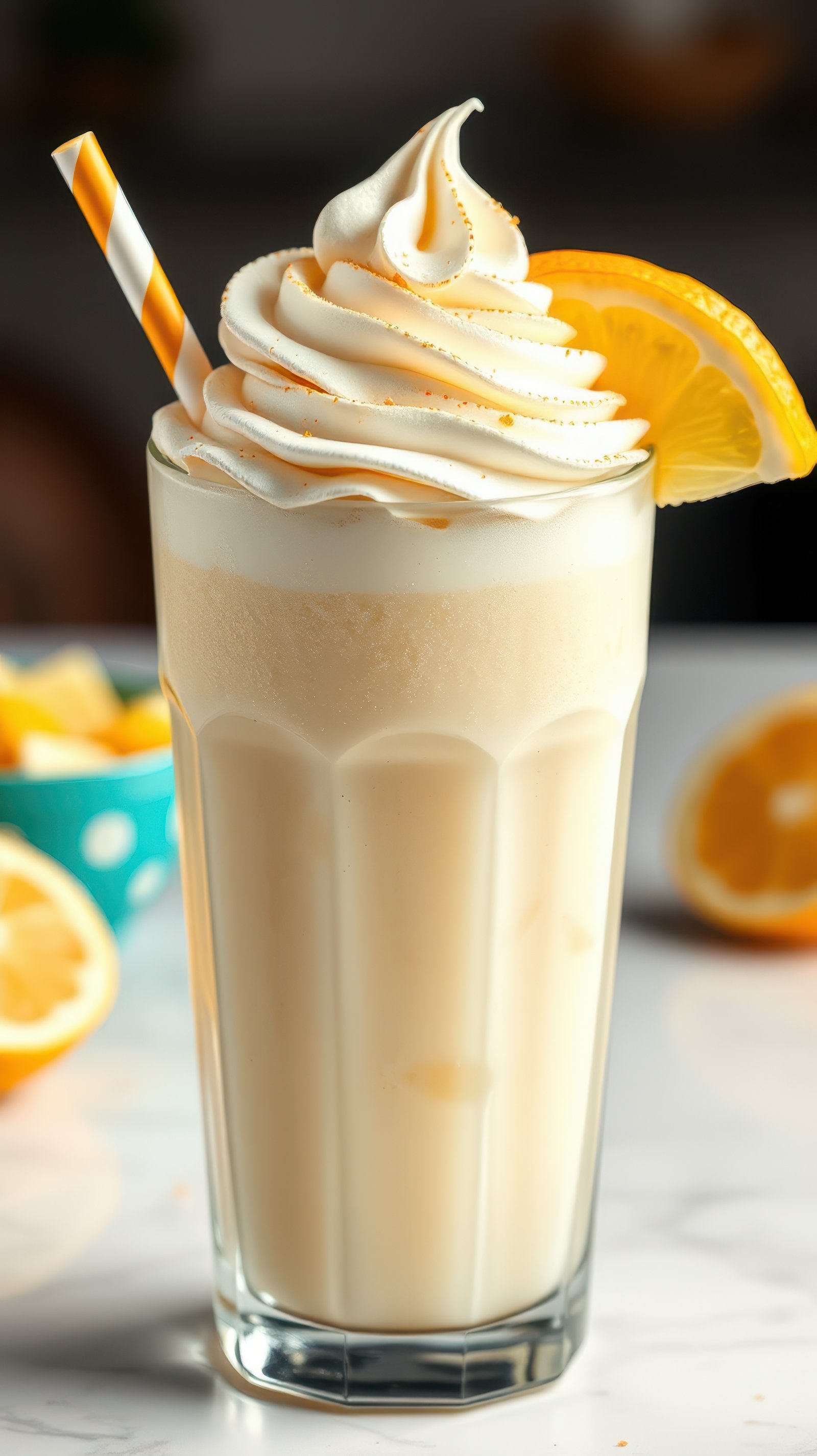 Refreshing citrus cream shake with whipped cream and orange garnish on a marble countertop